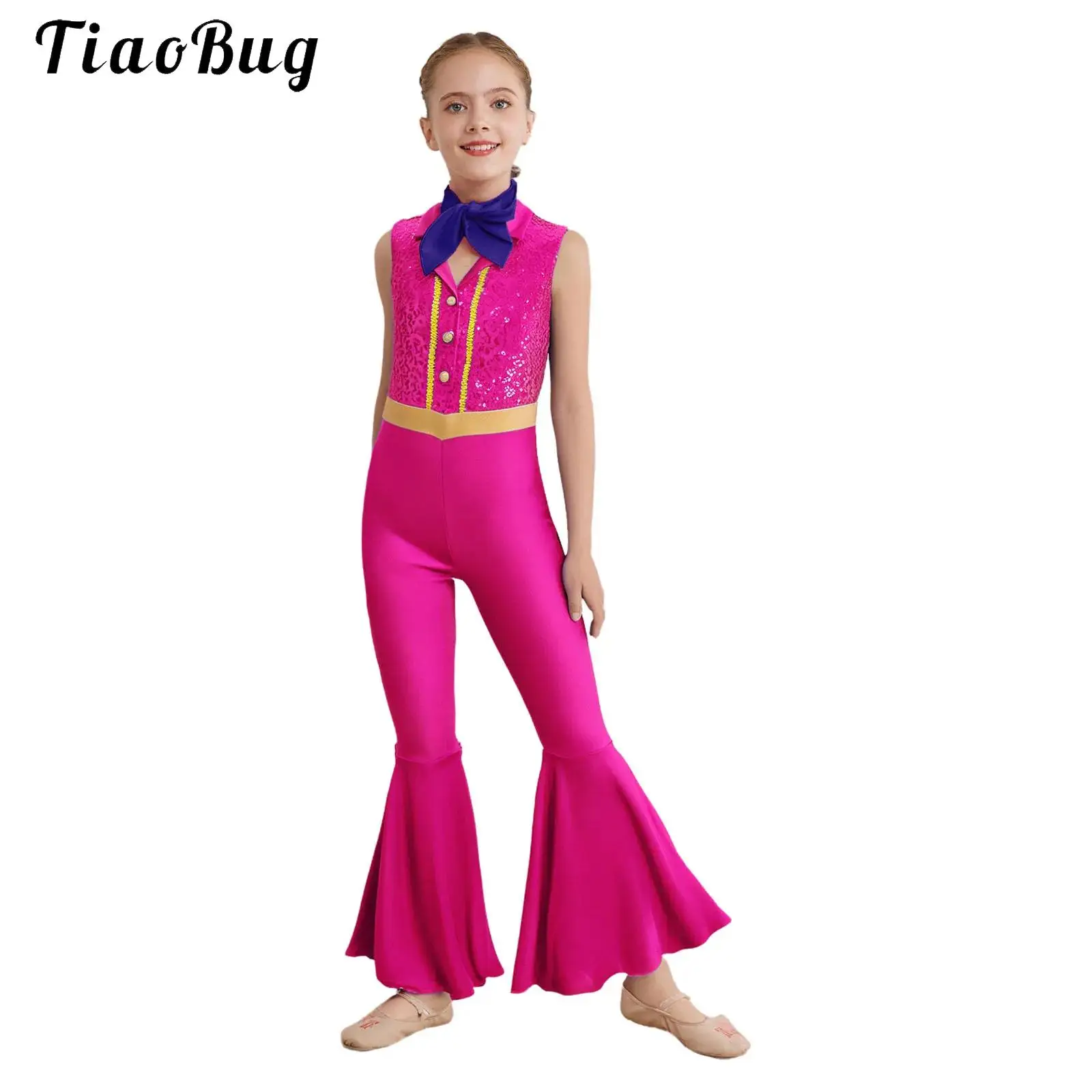 

Girls Modern Jazz Dance Hippie Costume Outfits Halloween Shiny Sequins 70s 80s Prom Bell Bottom Pants Flare Jumpsuit Rave Set