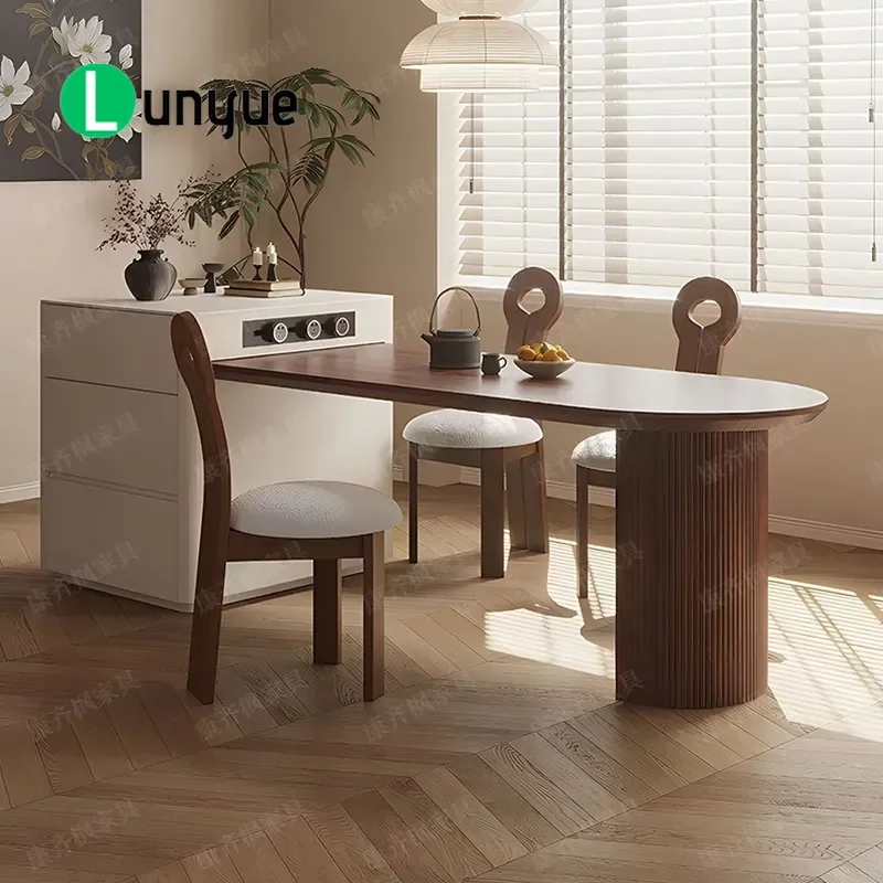 Medieval Style Retractable Island Dining Table Walnut Color Rock Slab Surface Collapsible Design for Small Apartment