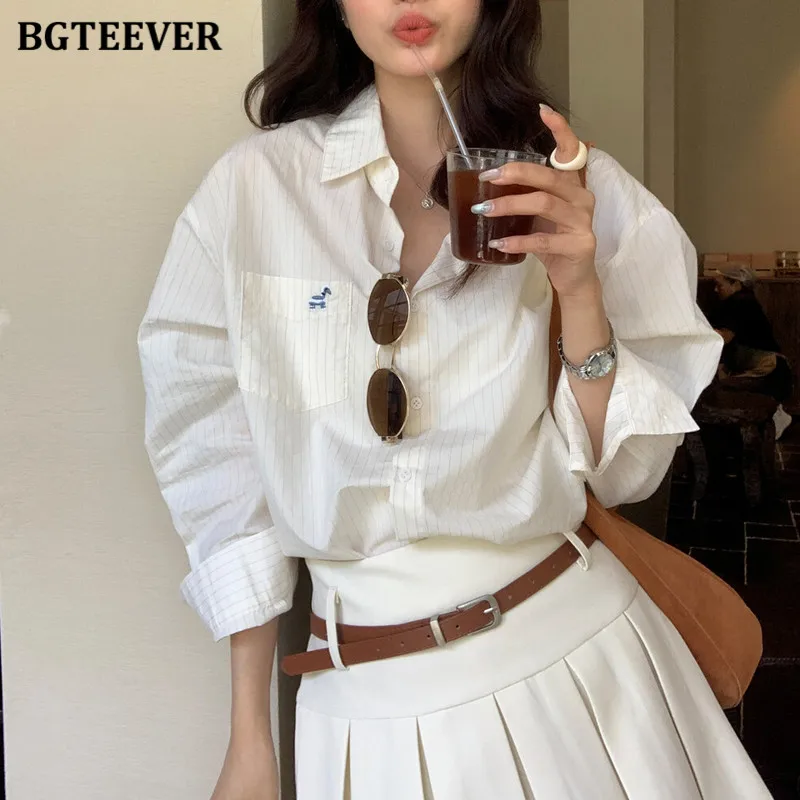 

BGTEEVER Turn-down Collar Striped Shirts for Women Elegant Loose Blouses