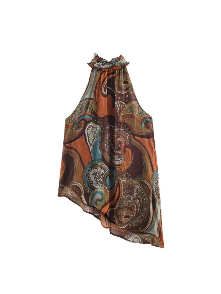 Haut asymétrique élégant et polyvalent à imprimé tendance pour femmes