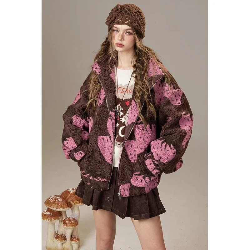 ELFSACK Casual Cute Strawberry Print Hooded Zip Up Wool Blend Coat For Woman
