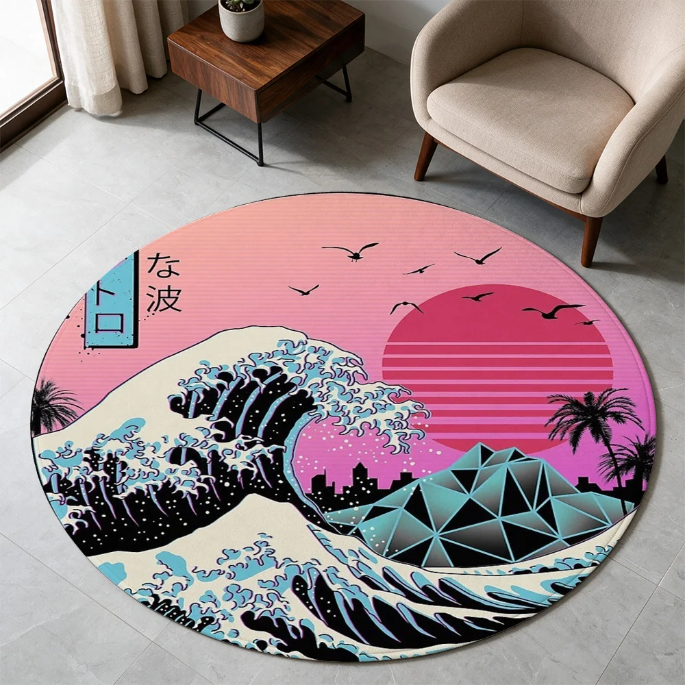 Retro Sunset Wave Japanese Style Round Area Rug Beach Vibes Tropical Ocean Print Mat for Living Room Decor
