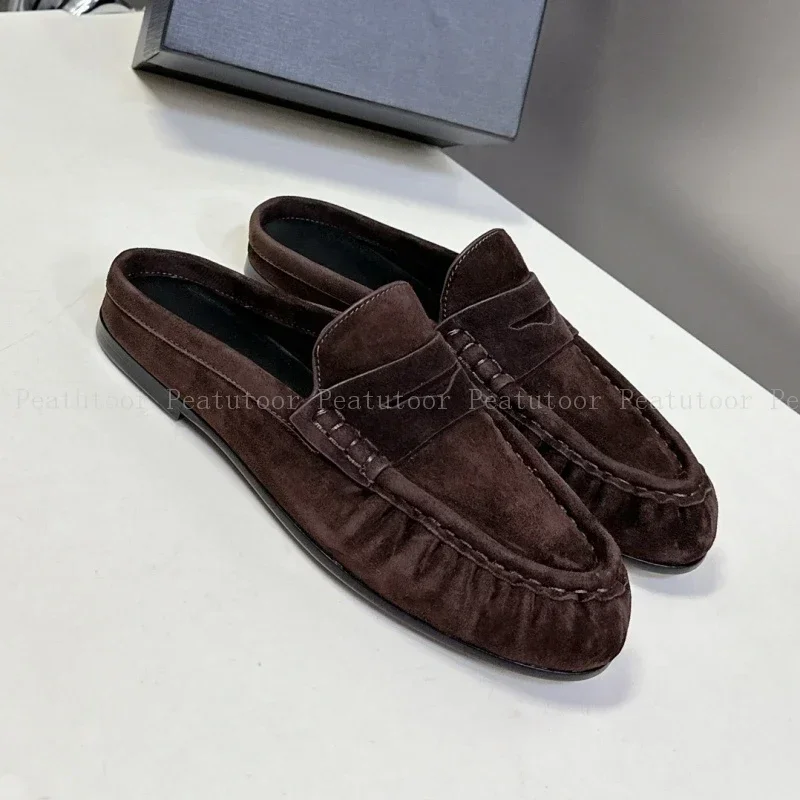 

Women Fashion Slippers Top Quality Suede Leather Summer Slip on Flats Slides Casual Loafers Concise Walking Shoes Size 35-40