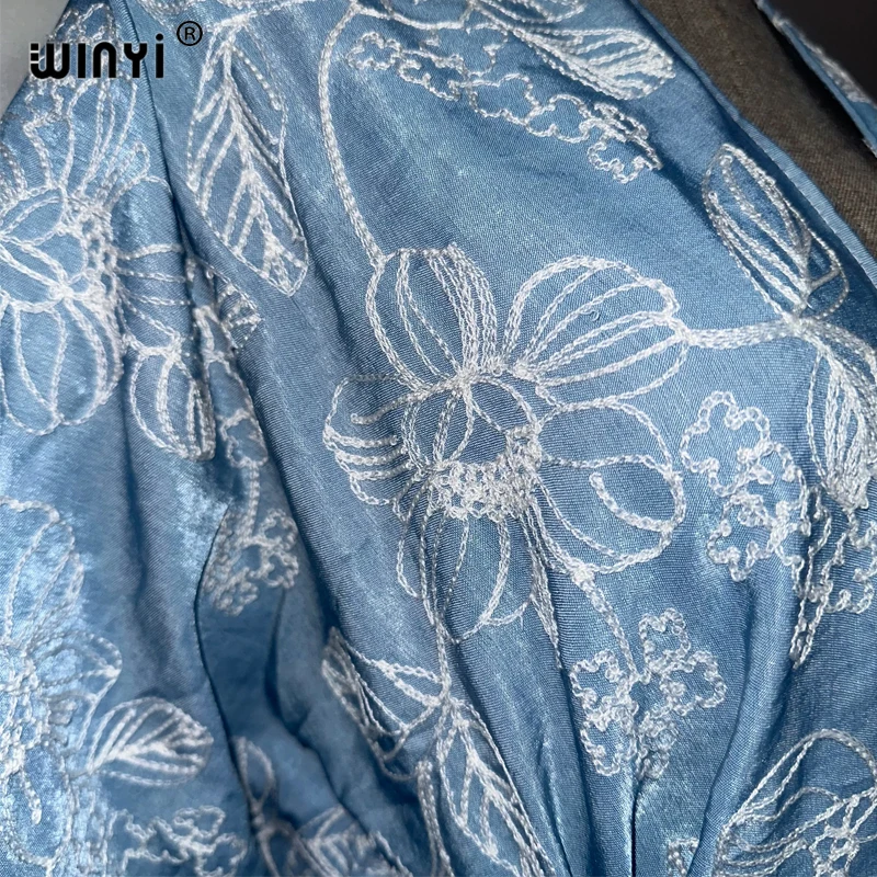 سترة WINYI مطرزة من قماش الدنيم معطف أنيق فستان فضفاض أنيق للحفلات ماكسي للعطلات والسباحة كيمونو عصري