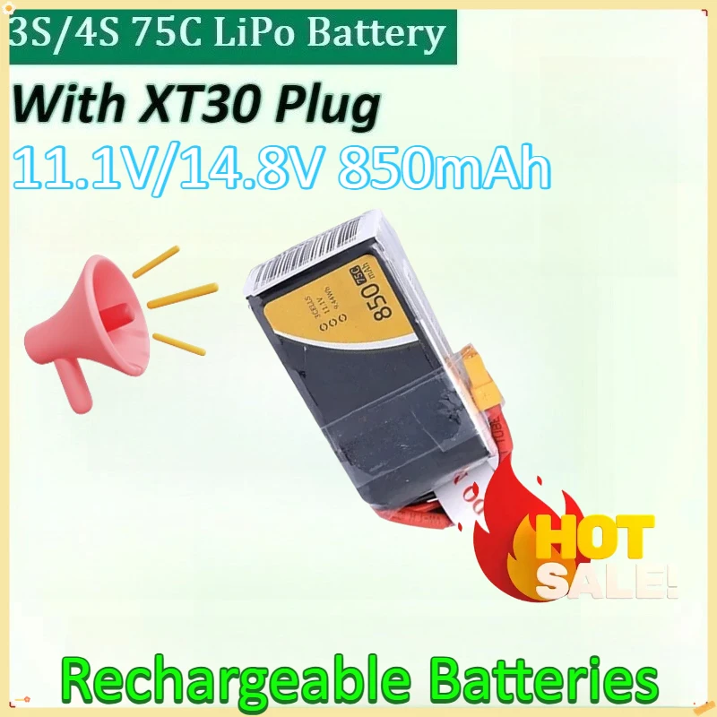 

11.1V/14.8V 850mAh for TATTU 3S/4S 75C LiPo Battery for RC Helicopter Quadcopter FPV Racing Drone Parts with XT30 Plug Batteries