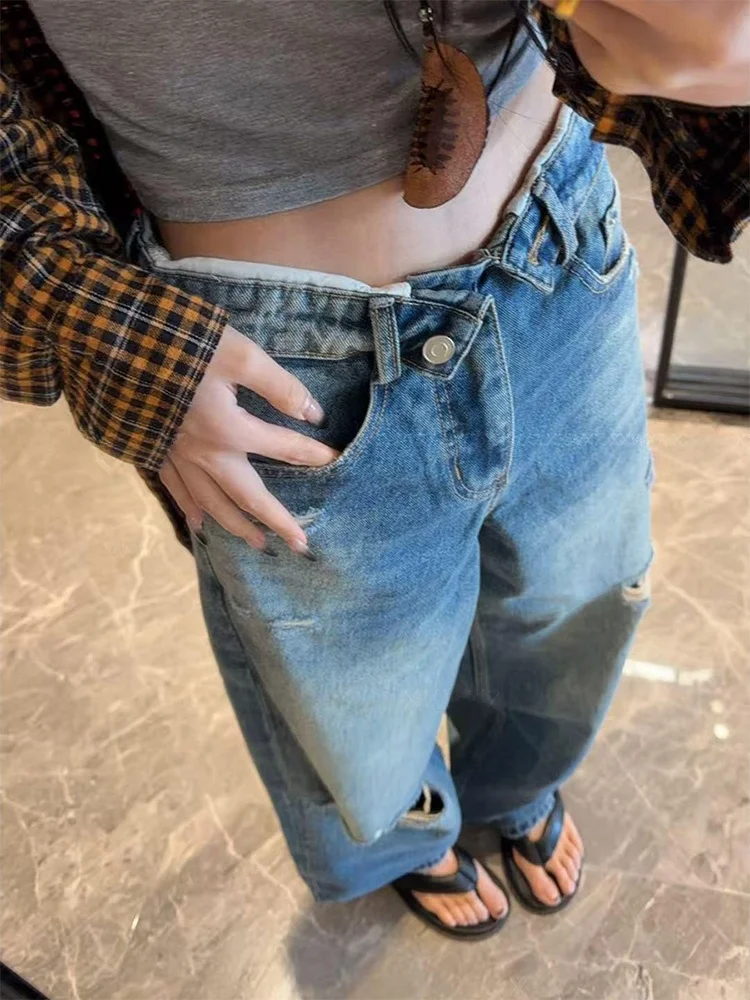 

Ретро джинсы с эффектом потертости и высокой талией для женщин, летние, винтажные, сексуальные, в уличном стиле, брюки в пол