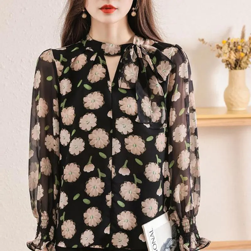 Female Clothing Broken Flowers Blouse Fashion Cut Out Round Neck Spring Long Sleeve Shirring Commute Elegant Bandage Bow Shirt