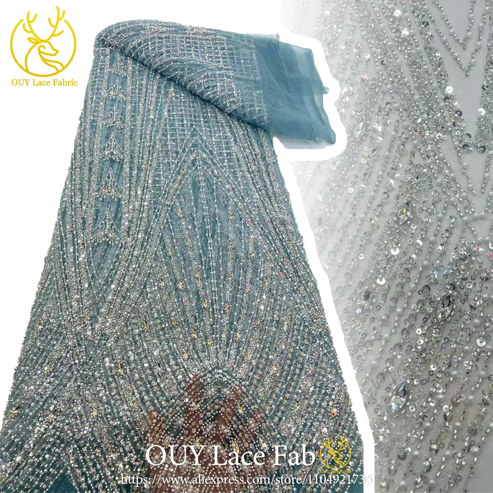 

African Luxury Hand-Beaded Stone Lace Fabric 2026 High-Quality Nigerian Sequin Tulle Lace Fabric Wedding Gown & Evening Dress