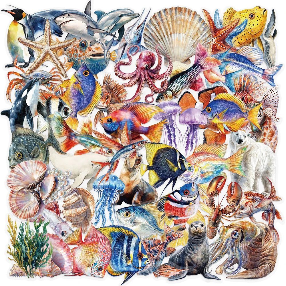 10/30/50pcs Cute Octopus Fish Cartoon Stickers Marine Animal Graffiti Decals DIY Diary Stationery Fridge Transparent Sticker Toy