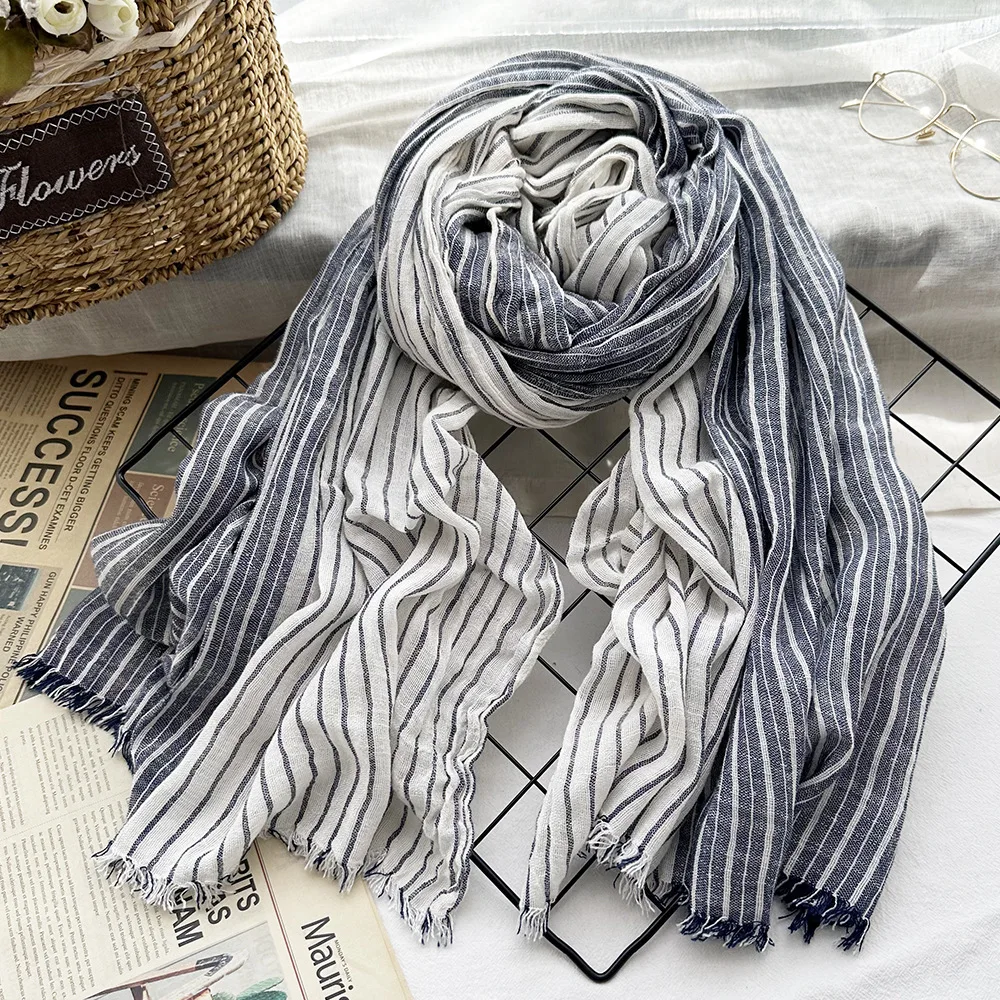 

Unisex Japanese Style Cotton Linen Striped Scarves Men Soft Warm Neckerchief Male Accessories Short Tassel Bufandas Shawls