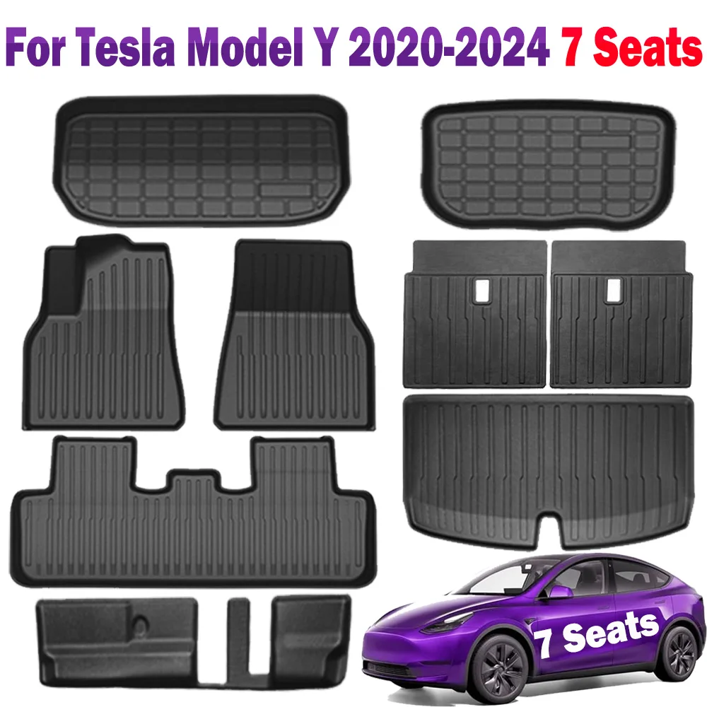 Full Sets Floor Mats for Tesla Model Y 2024-2020 7 Seater,All Weather TPE Back Seat Cover Protector Trunk Frunk Mat