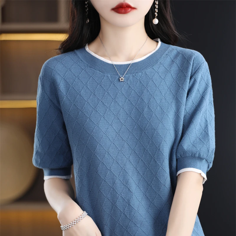 2023 summer new cotton T-shirt women\'s casual pullover knitted sweater short-sleeved round-neck T-shirt color-blocking top