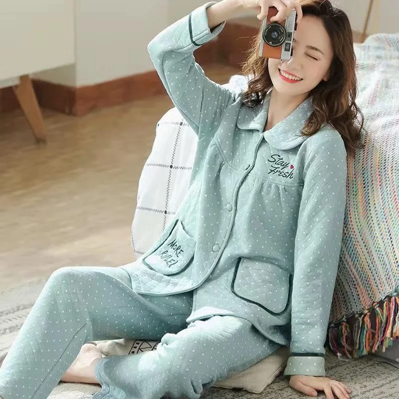 

2023 New Air Cotton Pajama Women Three Layers Pure Cotton Long Sleeves Thickened Loungewear Autumn Winter Cotton Jacket Homewear