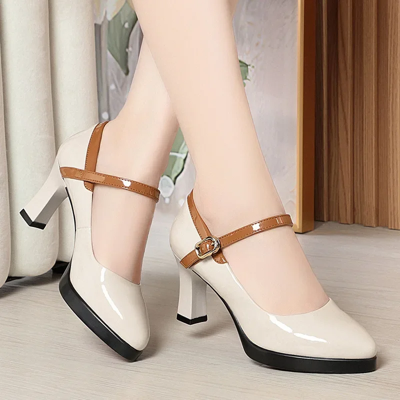 7cm Fashion Shallow Ankle Buckle Patent Leather Shoes Women\'s Mary Janes 2024 Spring Block High Heels Shoes for Office Model