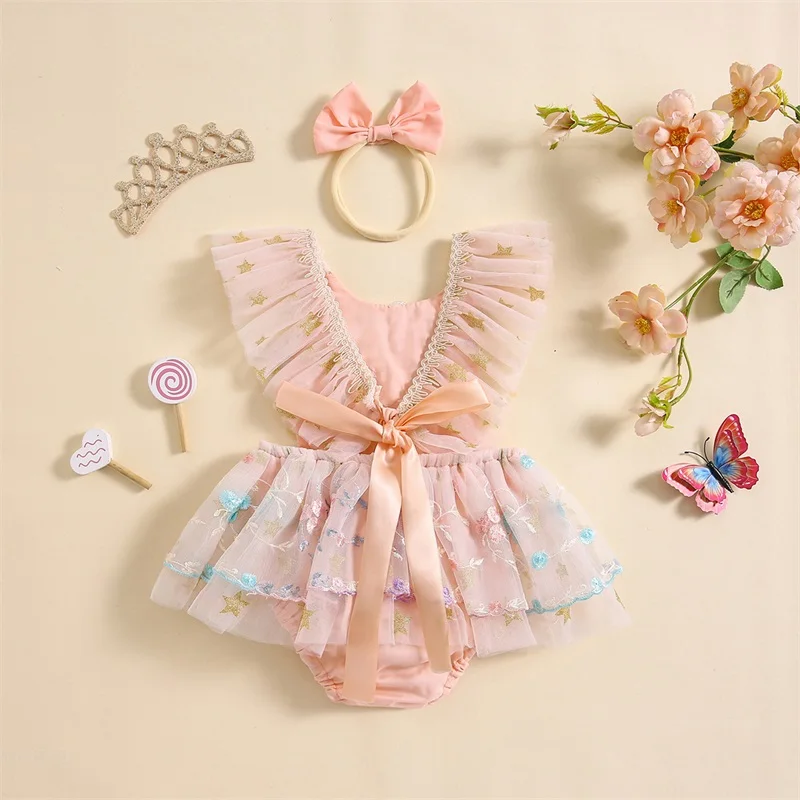 

Baby Girl Ruffle Tulle Romper Fly Sleeve Lace Floral Embroidered Bodysuit Backless Jumpsuit Headband Set 2pcs