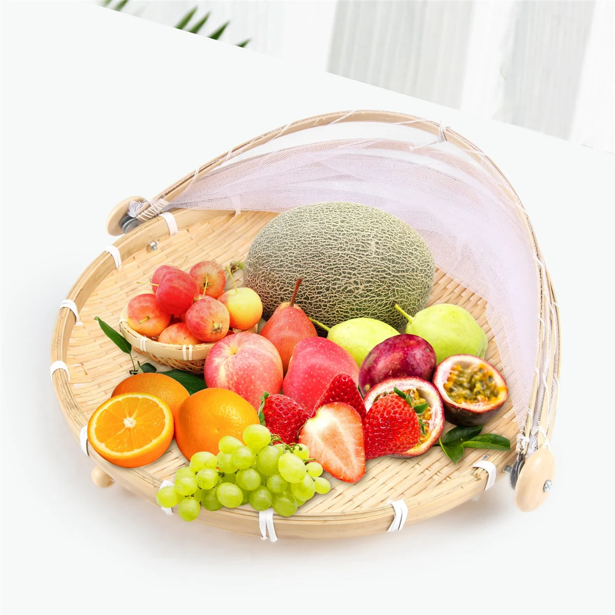 Hand-Woven Food Tent Basket Tray Fruit Vegetable Bread Storage Basket Simple Atmosphere Outdoor Picnic Mesh Net Cover