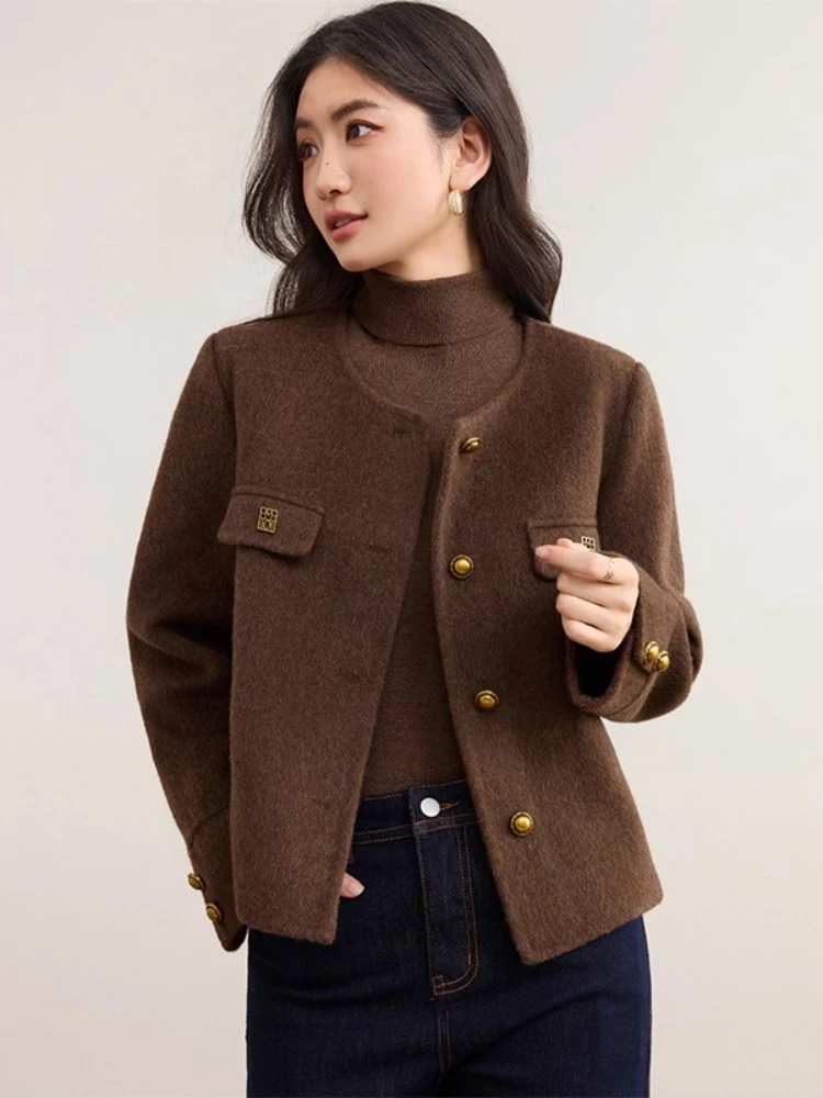SENTUBILA Women's Wool Coat Round Neck Contrast Trim Double-Faced Wool Coat Metal Buttons Short Coat Women's Clothing W54OF8773