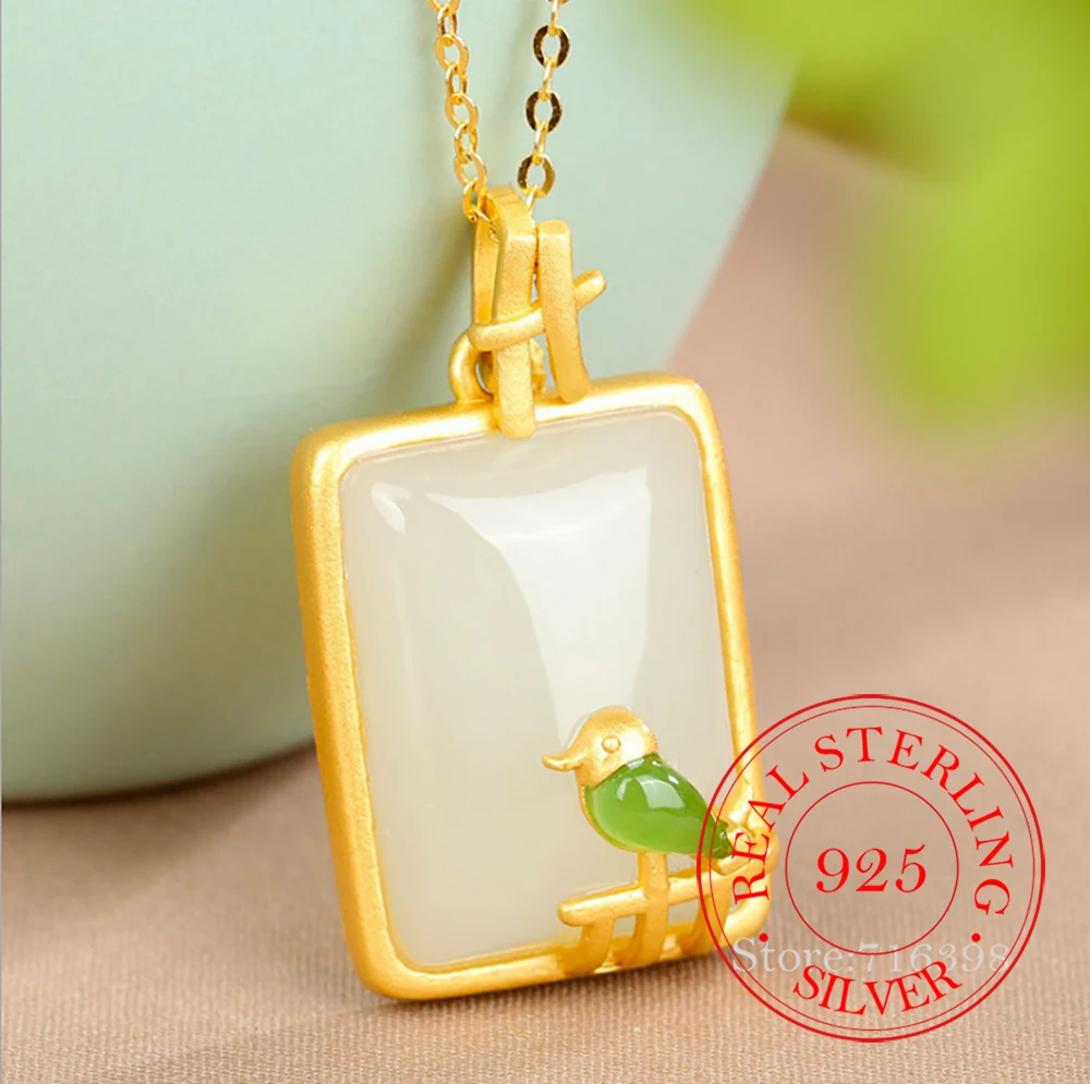 925-スターリングシルバージュエリー-18k-ゴールドメッキ天然翡翠鳥ネックレスペンダント女性用ウェディングパーティージュエリー友人へのギフト