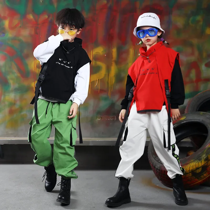 Sweatshirt Top Streetwear Tactical Cargo Pants Sleeveless Jacket Vest Kid Hip Hop Clothing Girls Boys Dance Costume Clothes