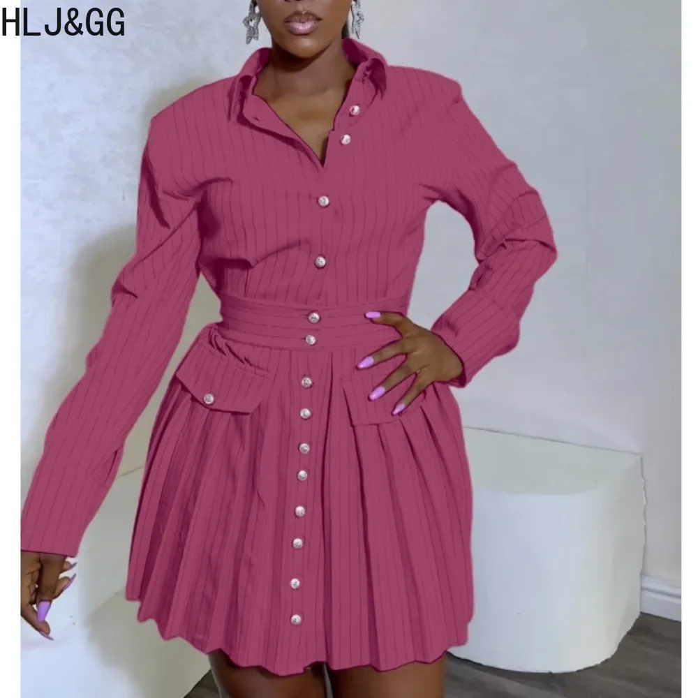 HLJ&GG Elegant Lady Stripe Print Button Shirt Pleat Dresses Women Turndown Collar Long Sleeve A-line Mini Dress Fashion Vestidos