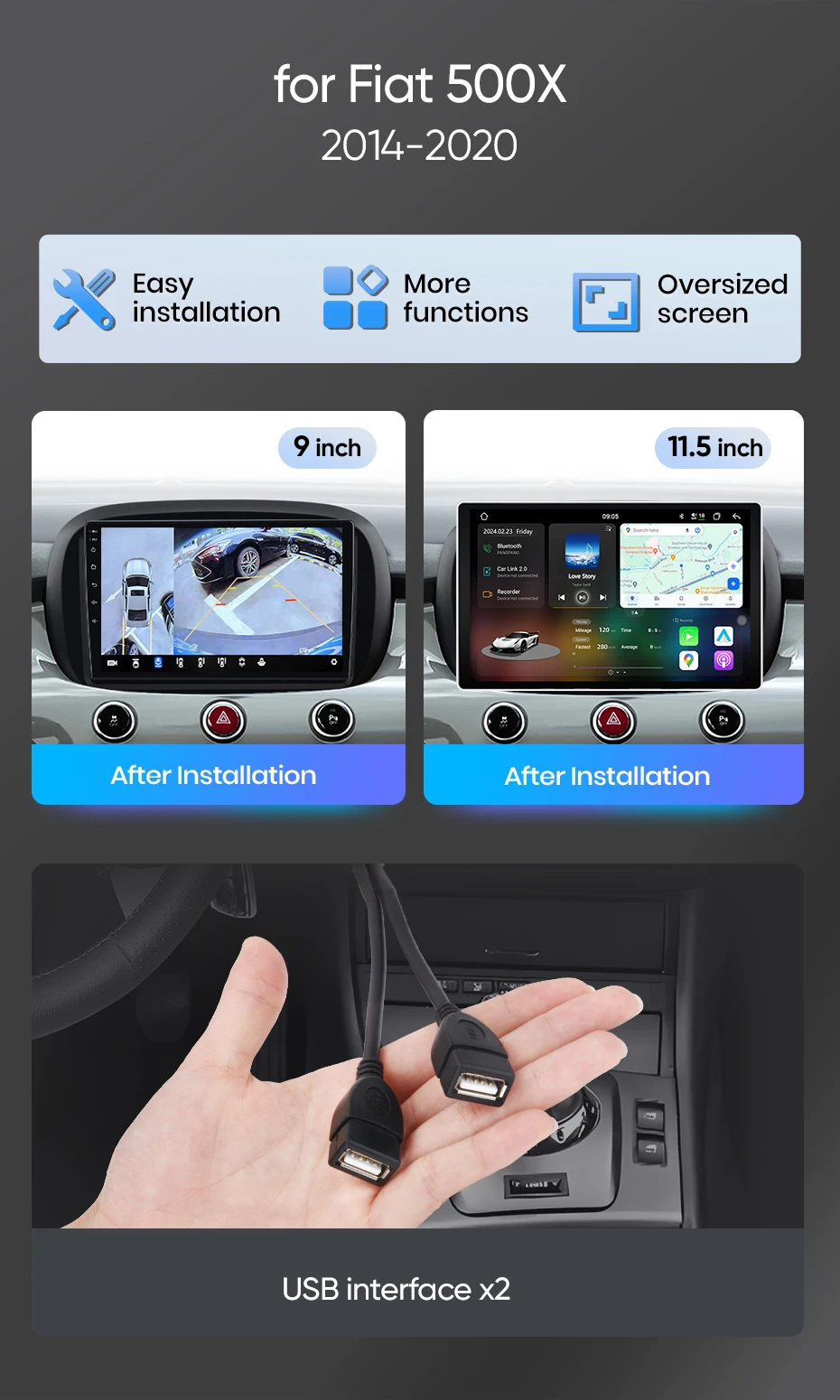 Junsun Android Auto Autoradio für Fiat 500X 2014 2015 2016 2017 2018 2019 2020 Multimedia Wireless Apple CarPlay Intelligente Systeme IPS Touchscreen Stereo Videoplayer 2 Din Autoradio Head Unit Navigation BT GPS 4G WIFI FM AM DSP RDS SWC – Detail 2
