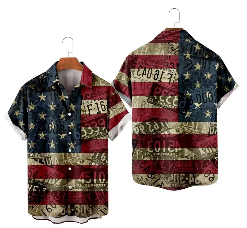 Camisa havaiana masculina de manga curta, bandeira americana, impressa em 3D, camisa elástica de quatro lados, novo, 2023