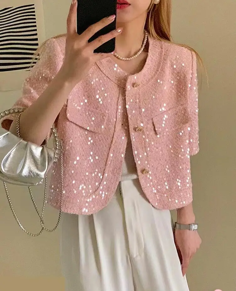 Women's Short Sleeve N Eck Single Breasted Shiny Sequined Tweed Jacket Lady Elegant Streetwear Solid Color Loose Short Outwear