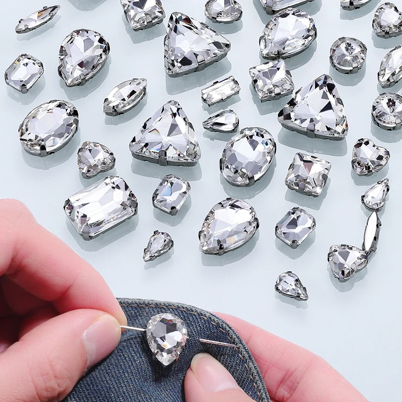 QIAO Mehrfachform Gemischte Größen Glas-Aufnähstränen Flache Rückseite Klare Kristallsteine für Hochzeitskleid-Accessoires – Detail 3