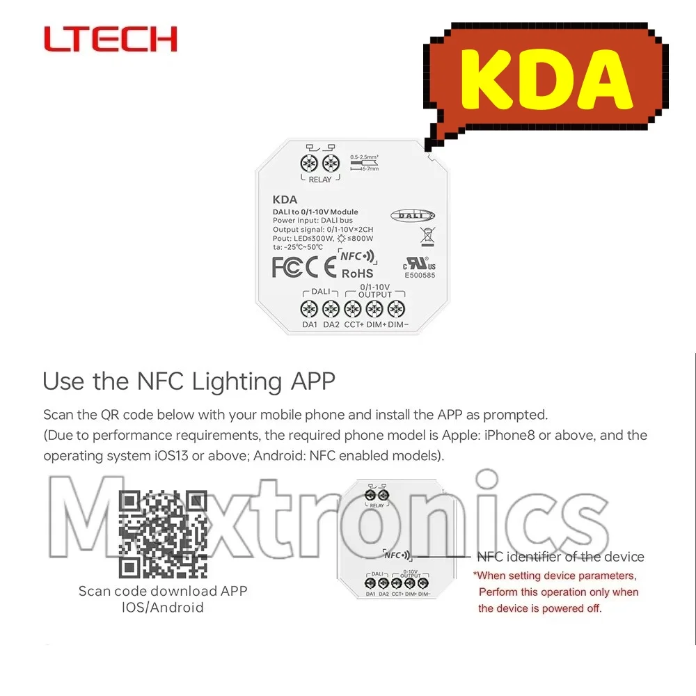 

Модуль LTECH DALI-0/1-10V KDA (с реле) 2-канальный, использующий приложение NFC Lighting APP, для интеллектуального диммирования светильников.