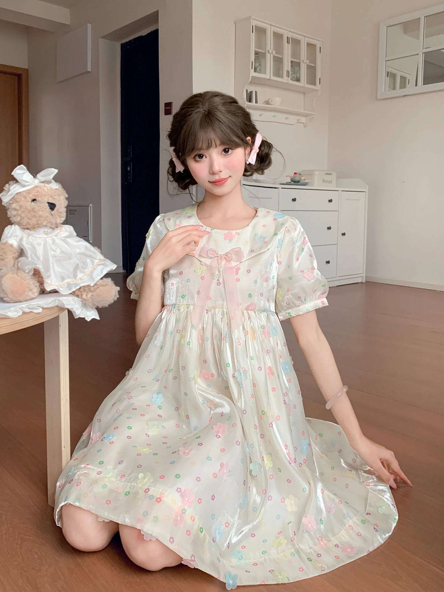 

Sweet Floral Print A-Line Dress Women's Summer New Style Loose Waist Bubble Sleeve Doll Collar Short Sleeve Zipper Back Closure