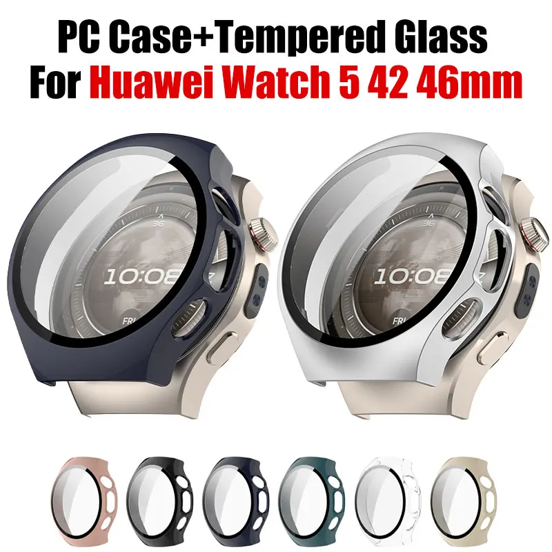 PC-Gehäuse + gehärtetes Glas für Huawei Watch 5 42 46 mm, harte Abdeckung, Rundum-Displayschutz, Stoßstange für Huawei Band 5 42 46 mm Shell