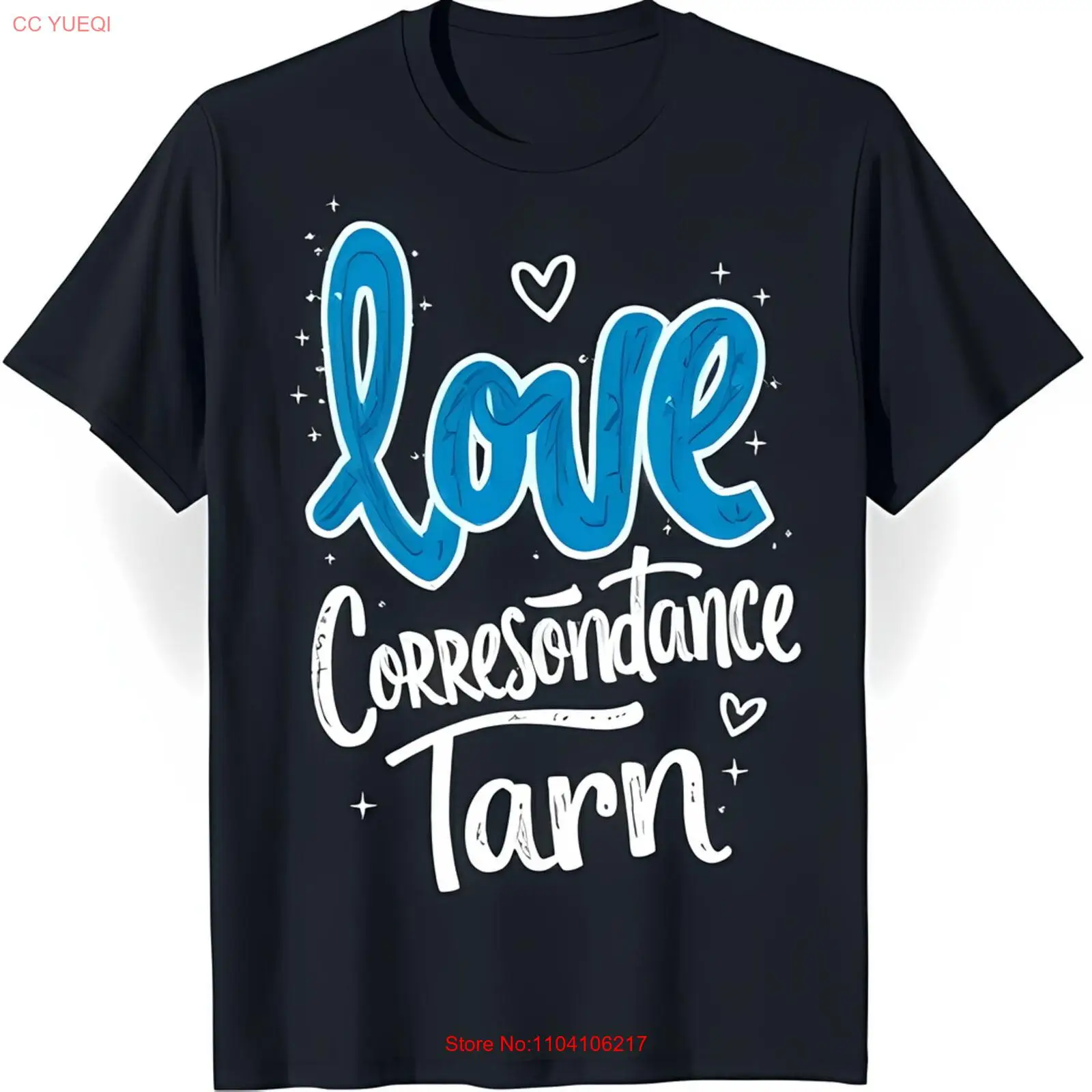 Whimsical Black T-Shirt with Blue & White 'Love Correspondance