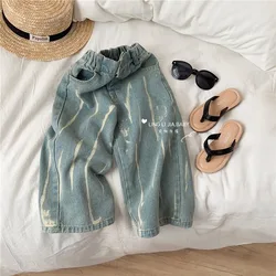 RAISE Infant Girls Spring Jeans Cotton Denim Tie-dyed Loose Pants For 2-8T Girls Vintage Pockets Children Girls Wide Leg Pants