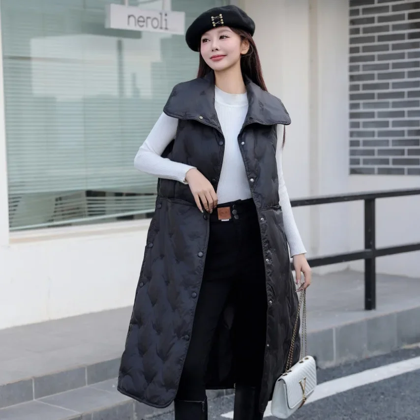 

Осень-зима 2025 г., модный женский длинный жилет, однобортный пуховый жилет с воротником-стойкой для поездок на работу