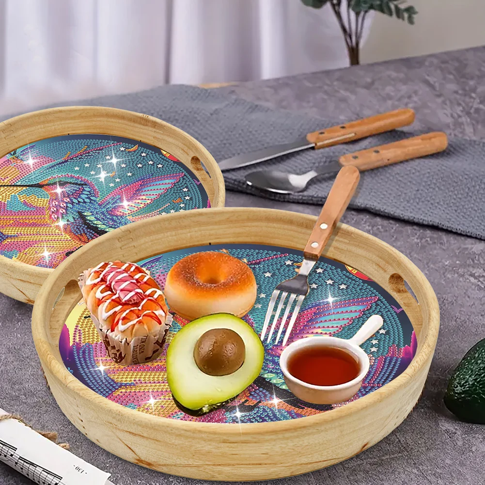 Wooden Cartoon 5D DIY Diamond Painting Serving Tray Colorful Diamond Food Dinner Plate Round Diamond Decorative Serving Tray