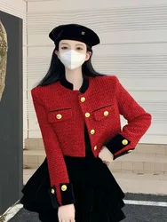 Zoki Christmas Red Sweet Tweed giacche donna elegante manica lunga Slim cappotto corto coreano Casual Vintage All Match Outwear top