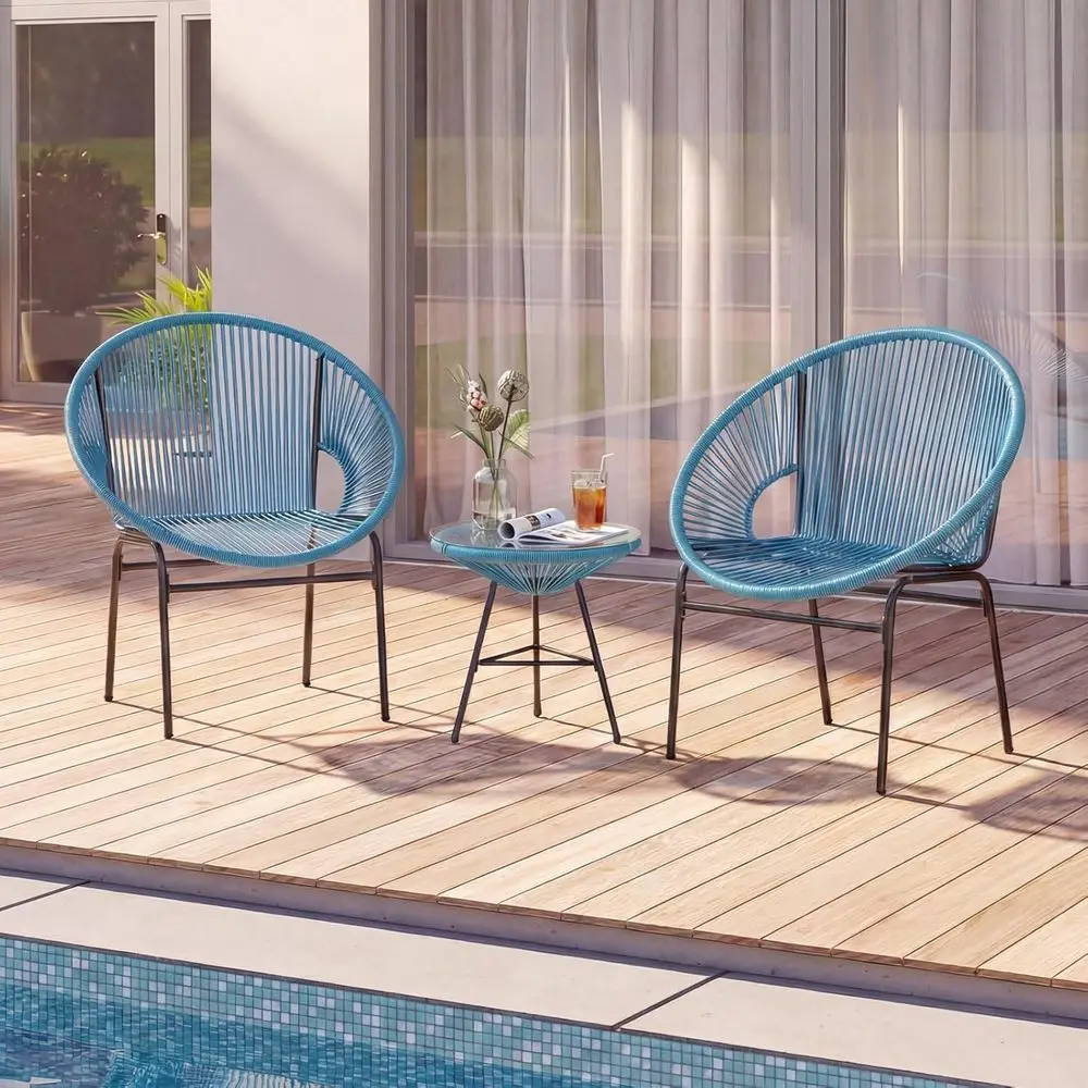 3-Piece Outdoor Patio Furniture Set with Plastic Rope Chairs and Tempered Glass Table - All-Weather Bistro Set for Lawn, Garden,