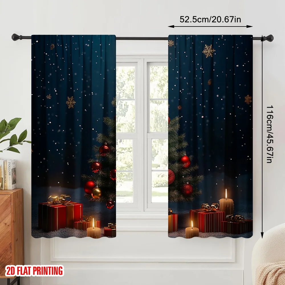 2pcs,2D plane printing Curtain Popular Christmas Tree Gifts Candles Star (2) Durable Polyester (without rod) Holiday Ldeal for