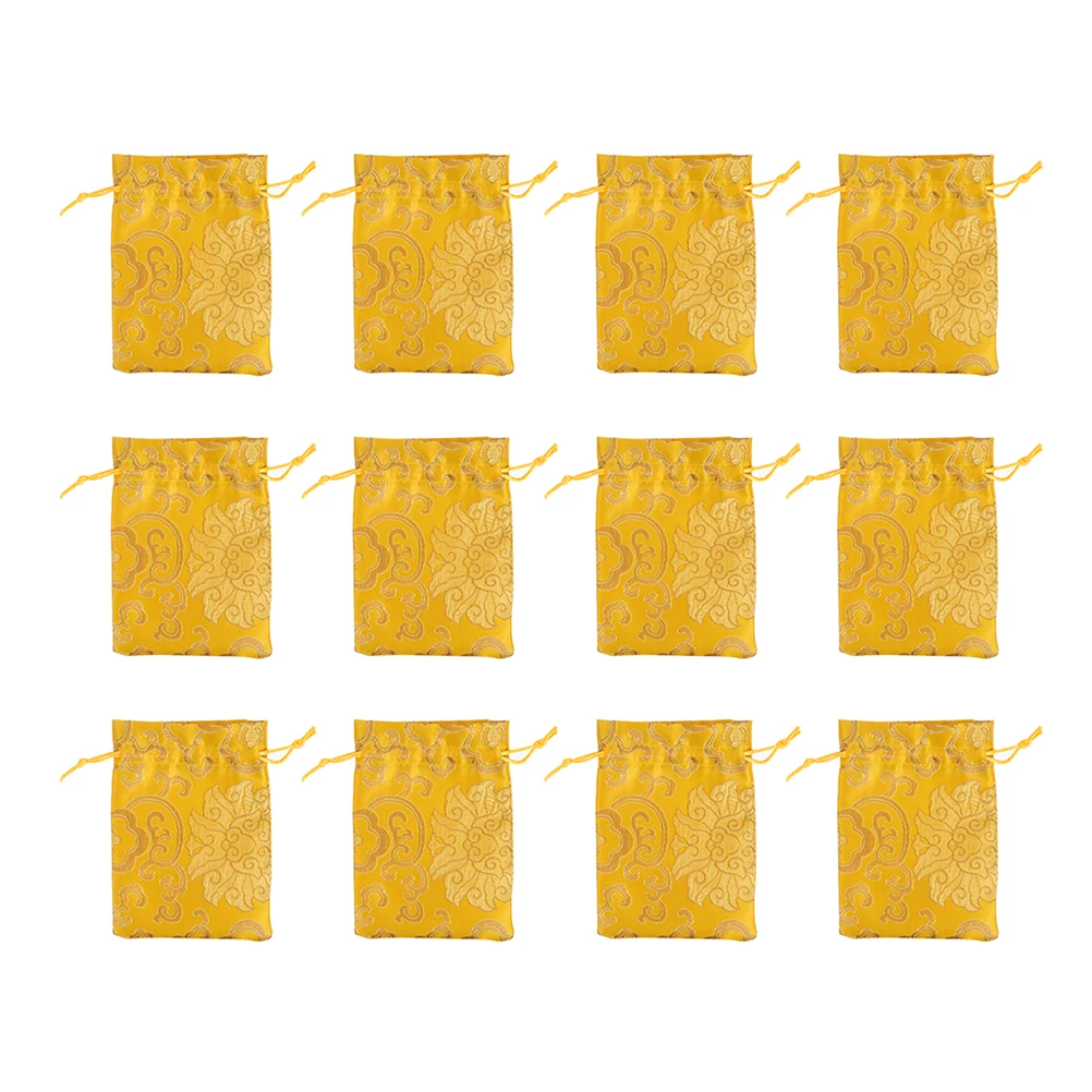 

12 Pcs Gift Drawstring Bags Bulk Wedding Candy Storage Jewelry Pouch Yellow Embroidered Chinese Craftsmanship Party Packaging