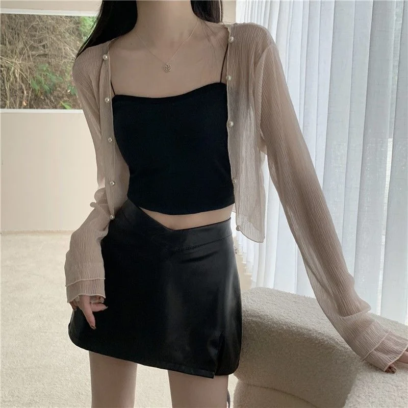 Temperament Sun Protection Chiffon Cardigan Women's Ice Silk Shawl with Suspenders Fairy Long-sleeved Top