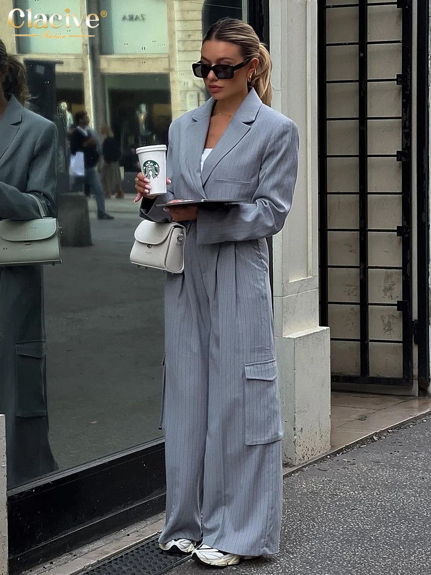 Clacive Fashion Loose Gray Stripe 2-częściowe zestawy damskie Outfit 2025 Elegancki top z długim rękawem i spodniami cargo z wysokim stanem