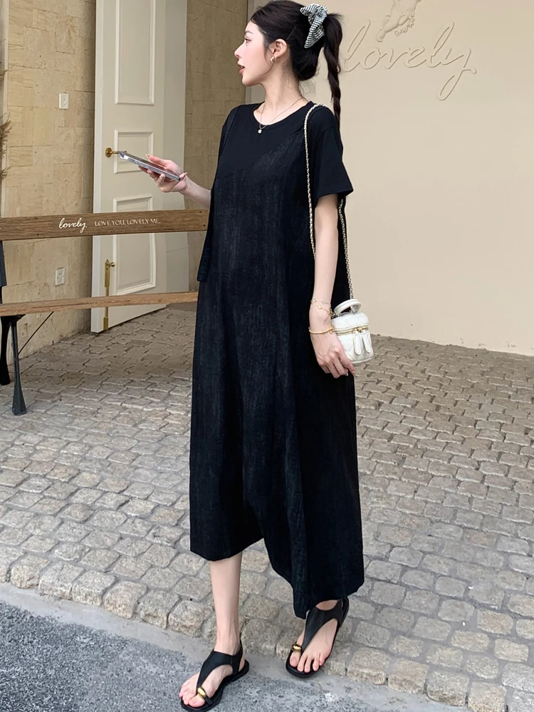 NYFS Zomerjurk 2025 Koreaanse Stijl vrouwen Losse plus Size Korte Mouw Twee vervalsingen t-shirt Lange Jurk Gewaad Elbise