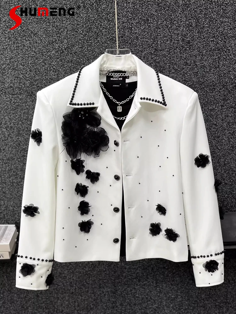 

Men's 2026 Spring New High Street Pearl 3D Flower Light Luxury Coats Small Fragrant Long Sleeve Jackets High-end Lapel Jackets