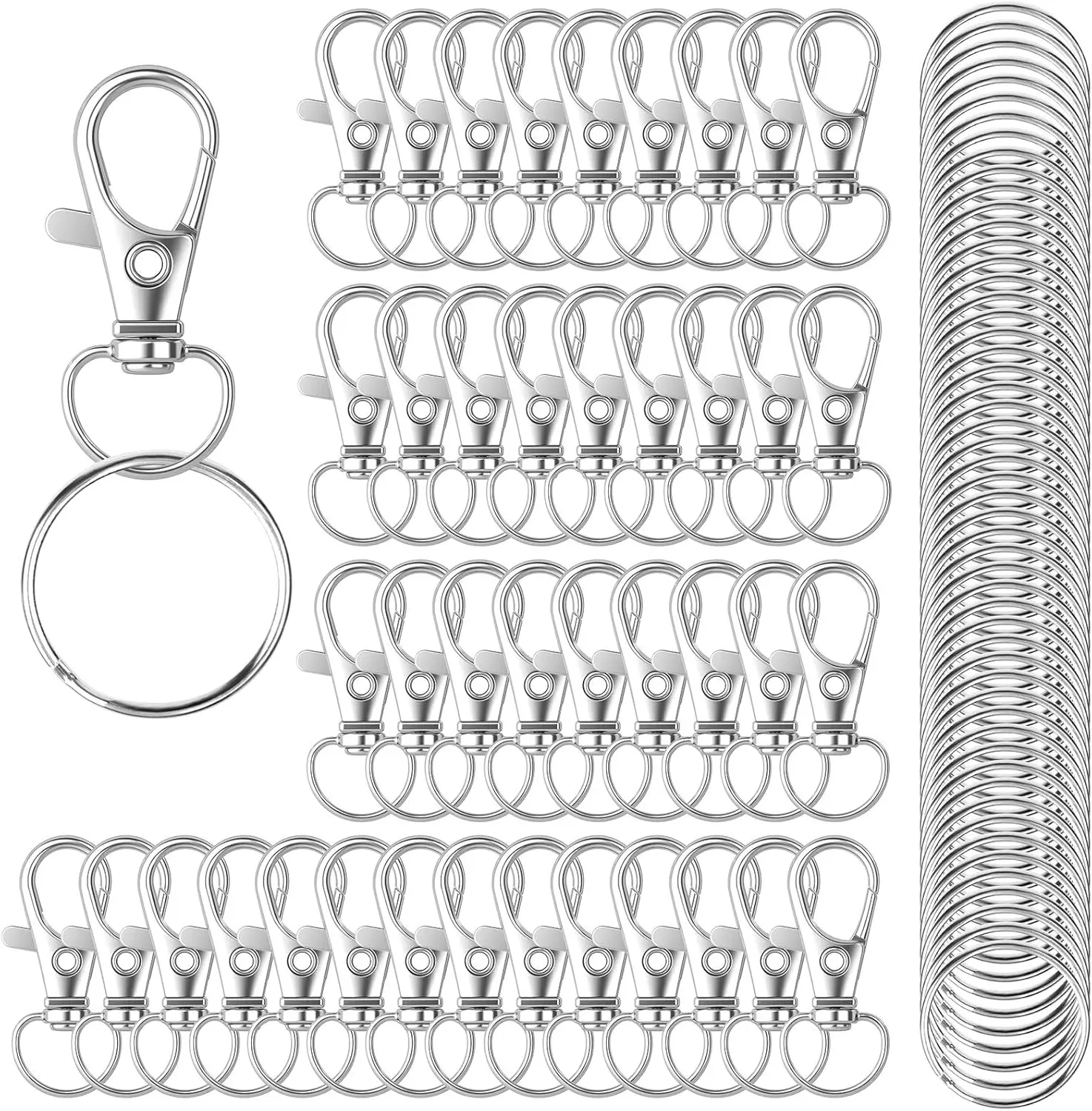 

100PCS Metal Swivel Lobster Claw Clasps with Key Rings for Keychain Jewelry Craft Silver