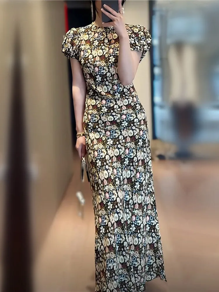 Slim Fit Floral Print Dress Short Sleeve Women's Fashionable Slimming Midi Skirt French Style High Waist Bubble Sleeve A-Line...