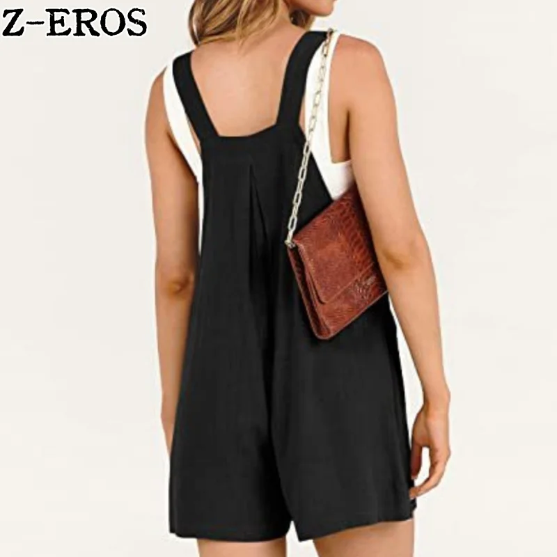 Z-EROS Women\'s Pocket Cotton Linen Loose Solid Color Casual Shoulder Strap Wide Leg Jumpsuit Sleeveless Mid Waist 5/4 Jumpsuit