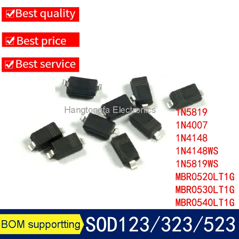 100pcs SMD diode 0805 SOD-123 1N5819 1N4007 1N4148 SOD-323 1206 1N4148WS 1N5819WS SOD-523 MBR0520LT1G MBR0530LT1G MBR0540LT1G