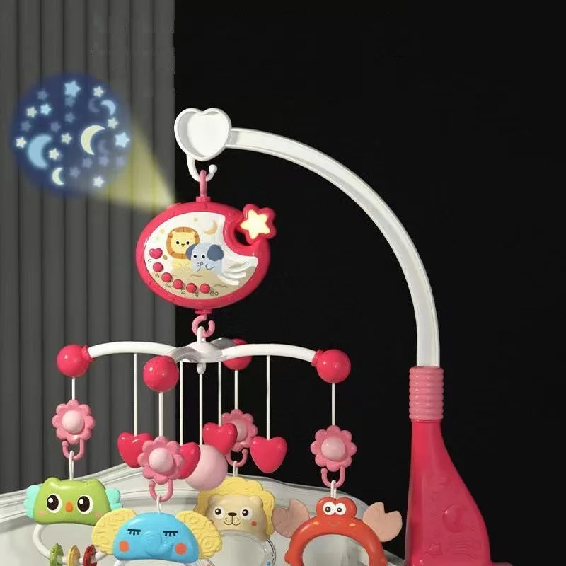 

360 Infant Soothing Rotate Baby Bed Crib Bell Hanging Toy with Sensory Teether Rattle Projection Remote Control Mobile Music Box