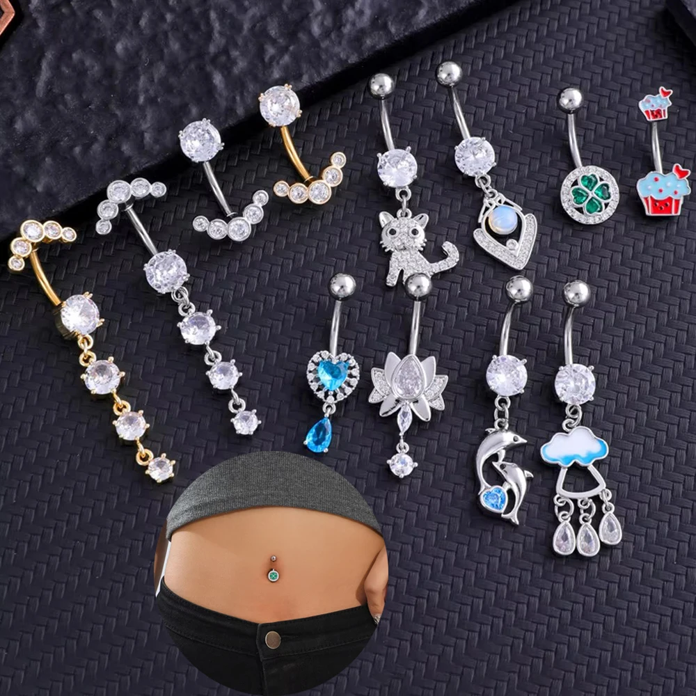 Dolphin Cake Curved Belly Button Ring 14G Arrow Cat Cloud Navel Piercing Nombril for Women Stainless Steel Belly Body Jewelry