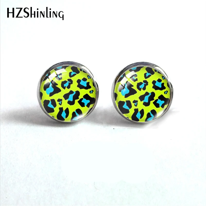 Fashion Colorful Leopard Print Round Stud Earrings Jewelry Colorful Leopard Print Glass Dome Earring Handmade Earrings Gifts